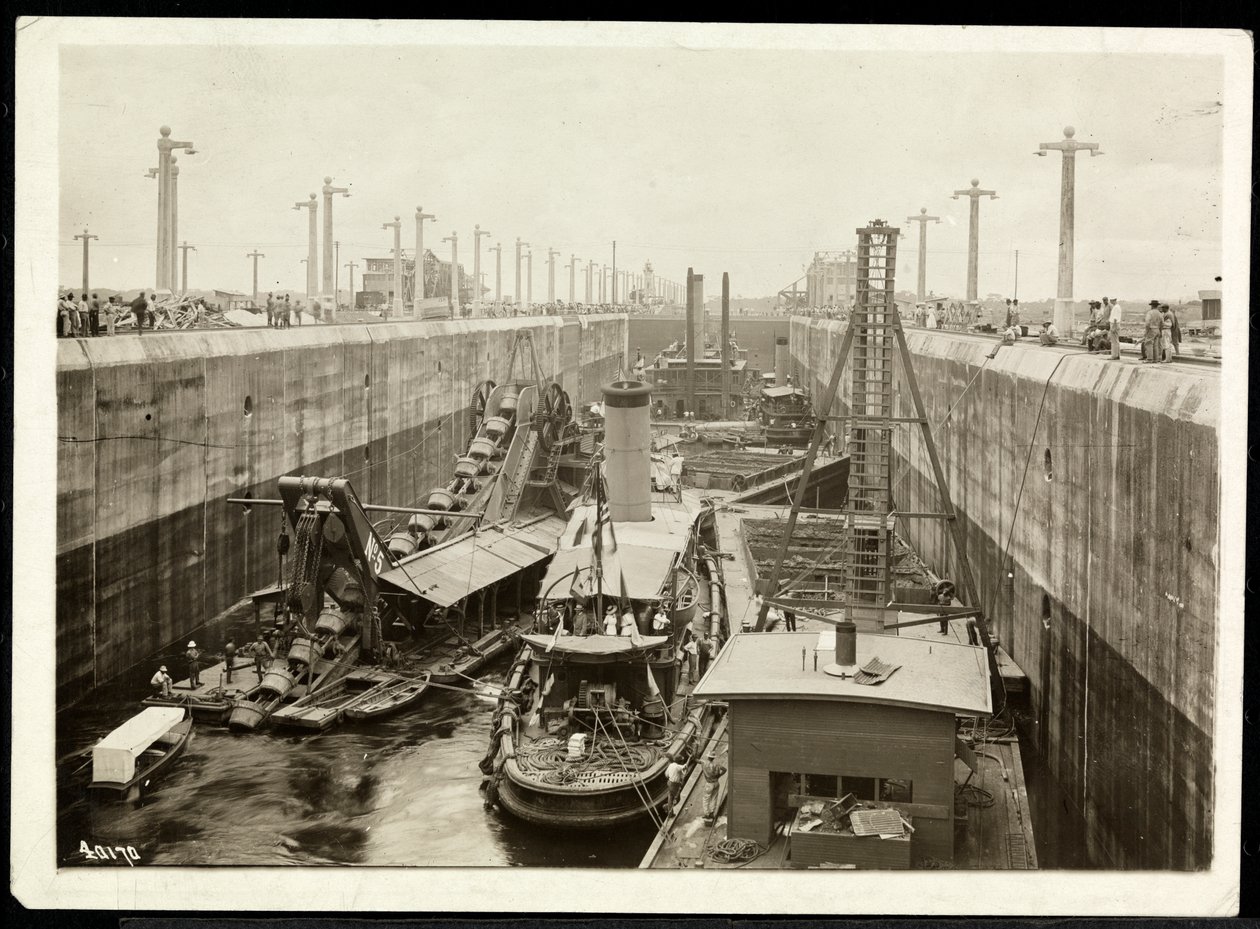 View of barges in the Panama Canal under construction by Byron Company