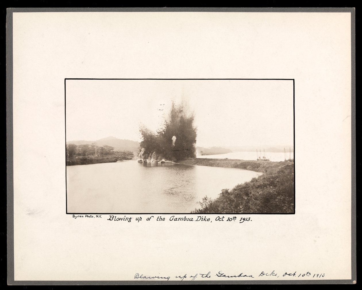 View of the explosion at the blowing up of the Gamboa Dike, during the construction of the Panama Canal, 10th October 1913 by Byron Company