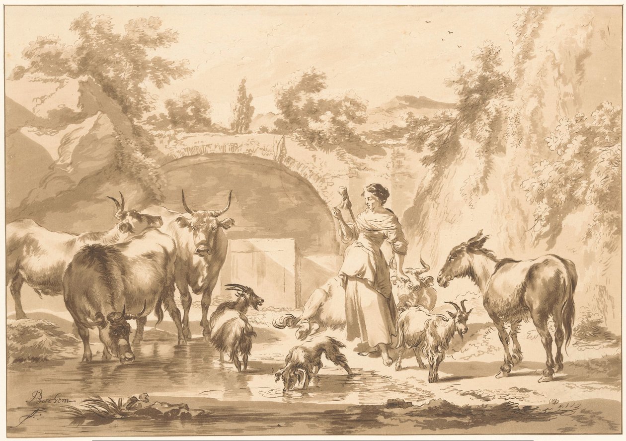 Spinning Shepherdess with Flock by C. Dietrich (prentmaker) (possibly)