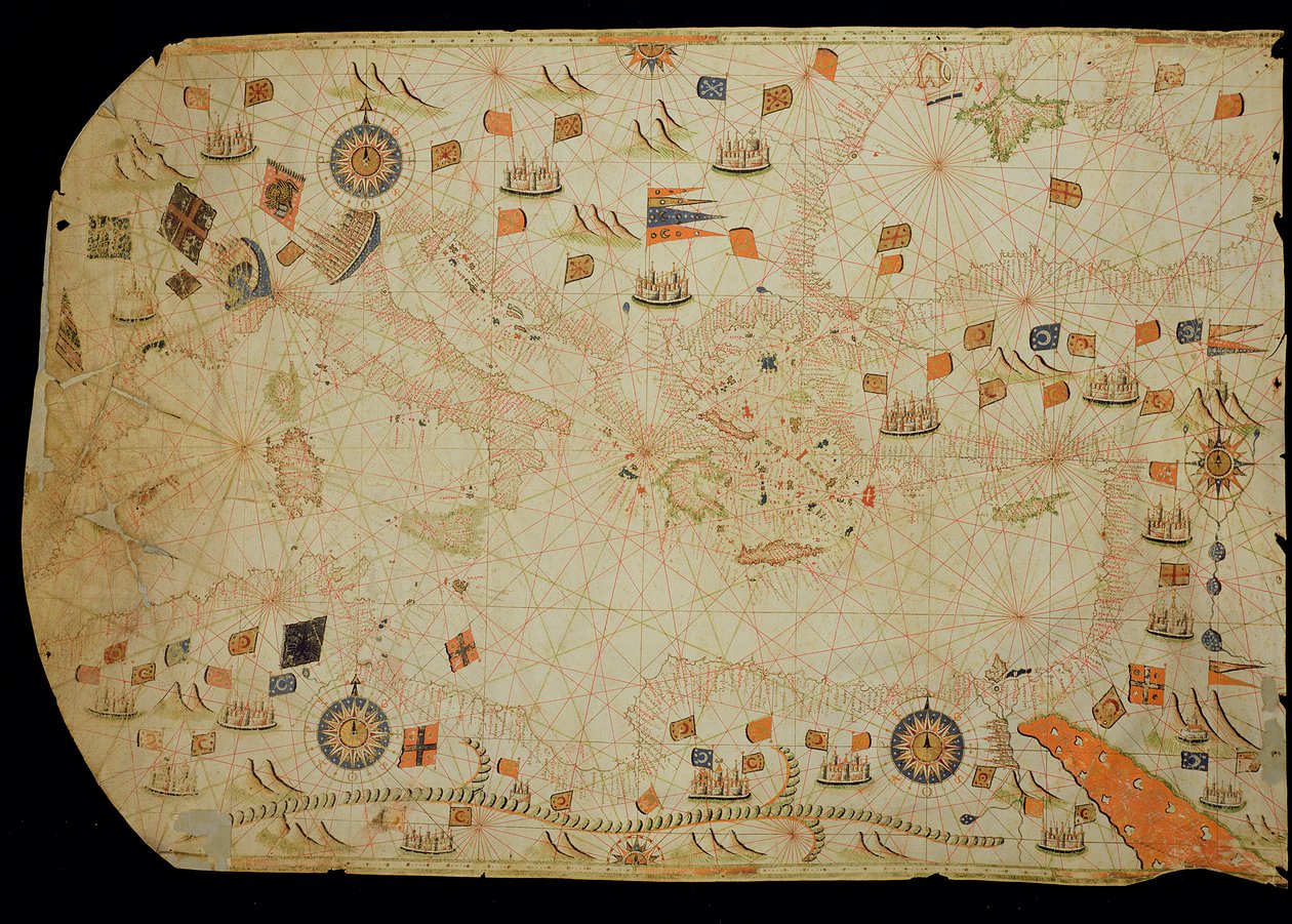 The entire Mediterranean Basin, from a nautical chart by Calopodio da Candia