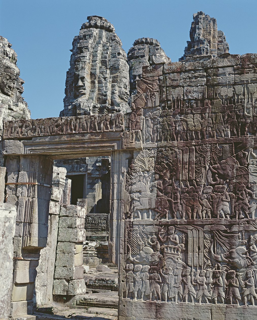 View of a Wall of the Temple of Bayon with Carved Reliefs by Cambodian School