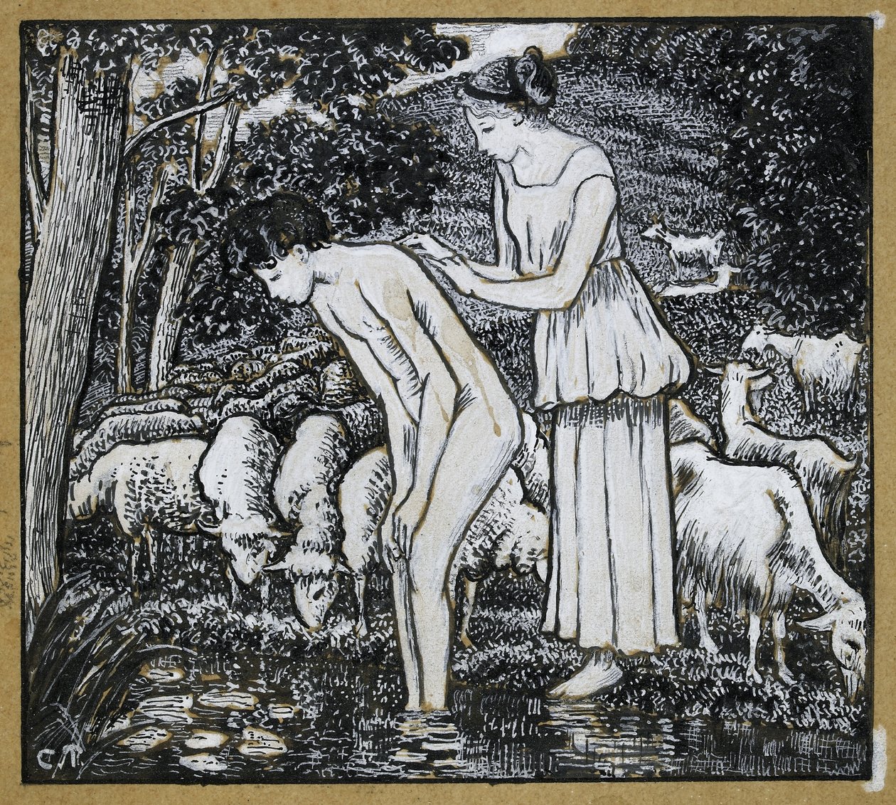 Chloë washing Daphnis at a stream (compositional study for an illustration to 