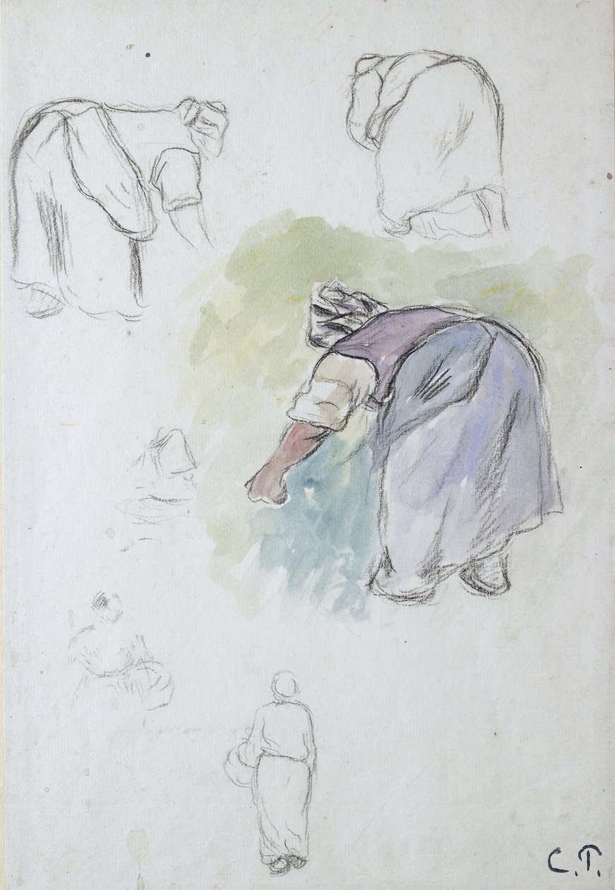 Sheet of studies: four studies of a female peasant bending, and two studies of a woman holding a basket seen from the front and back respectively by Camille Jacob Pissarro