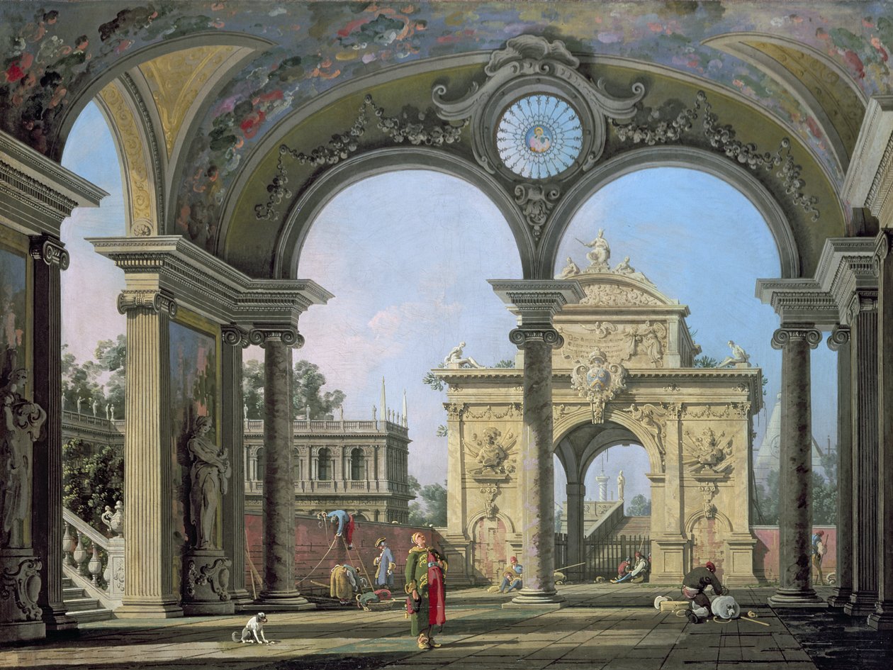 Capriccio of a triumphal arch seen through an ornate archway, c.1750 by Giovanni Antonio Canal