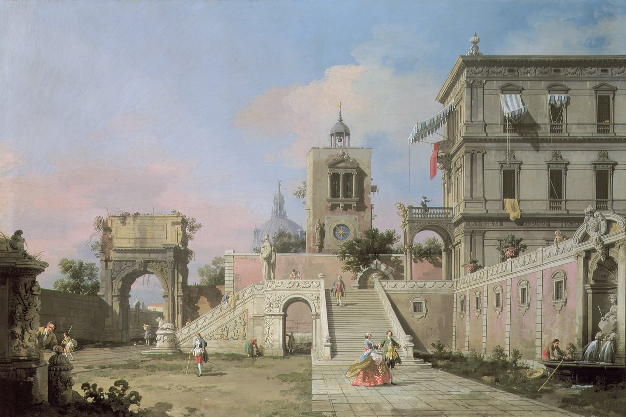 Capriccio of twin flights of steps leading to a palazzo, c.1750 by Giovanni Antonio Canal