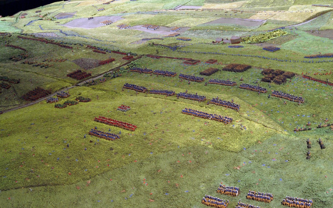 Diorama of the Battle of Waterloo showing troops positioned as at 19.45 hrs on 18th June, 1815 (detail) by Capt. William Siborne