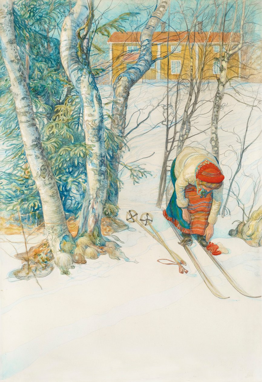 Girl Putting on Skis by Carl Larsson