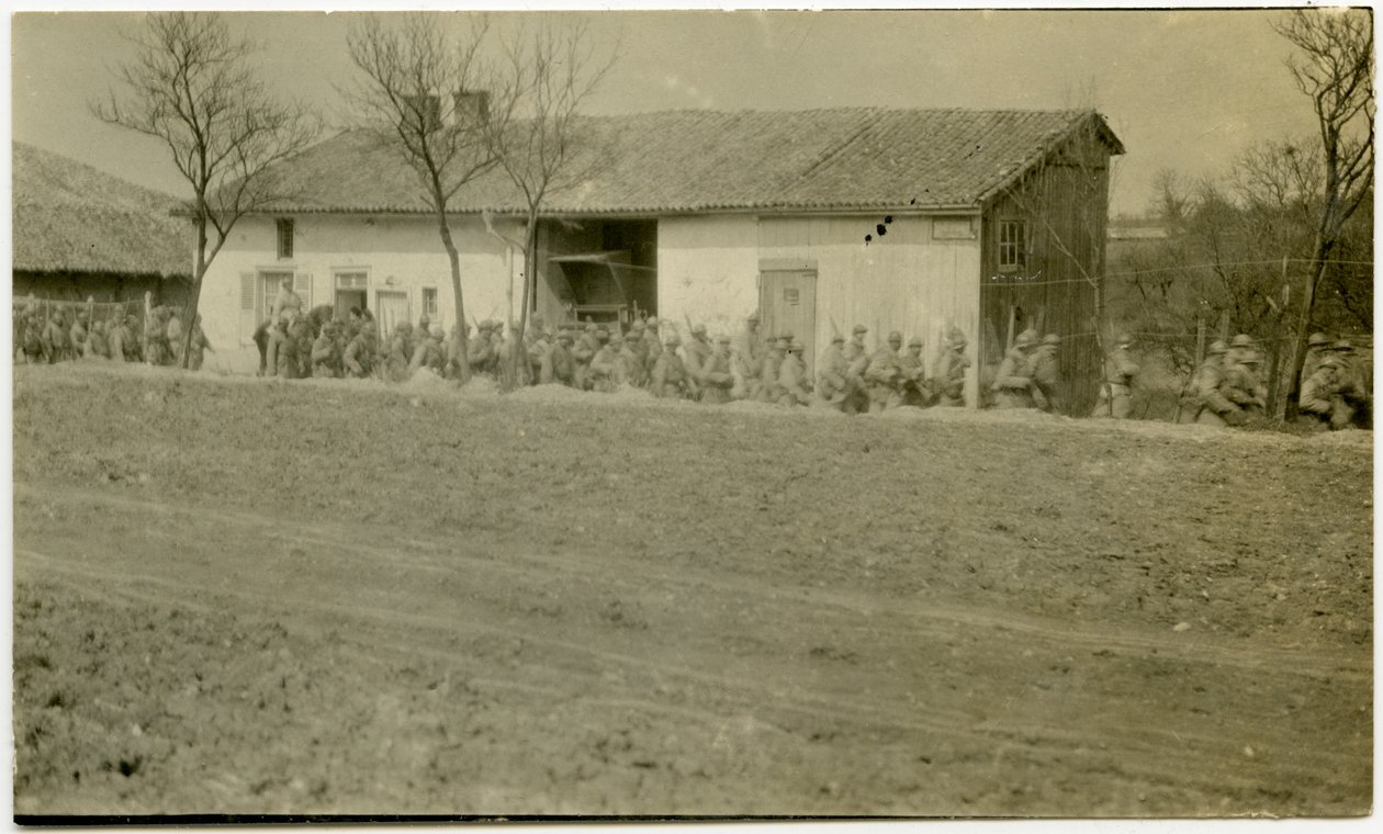 A Group of Soldiers Marching Past a House Next to a Dirt Road by Carl Michel