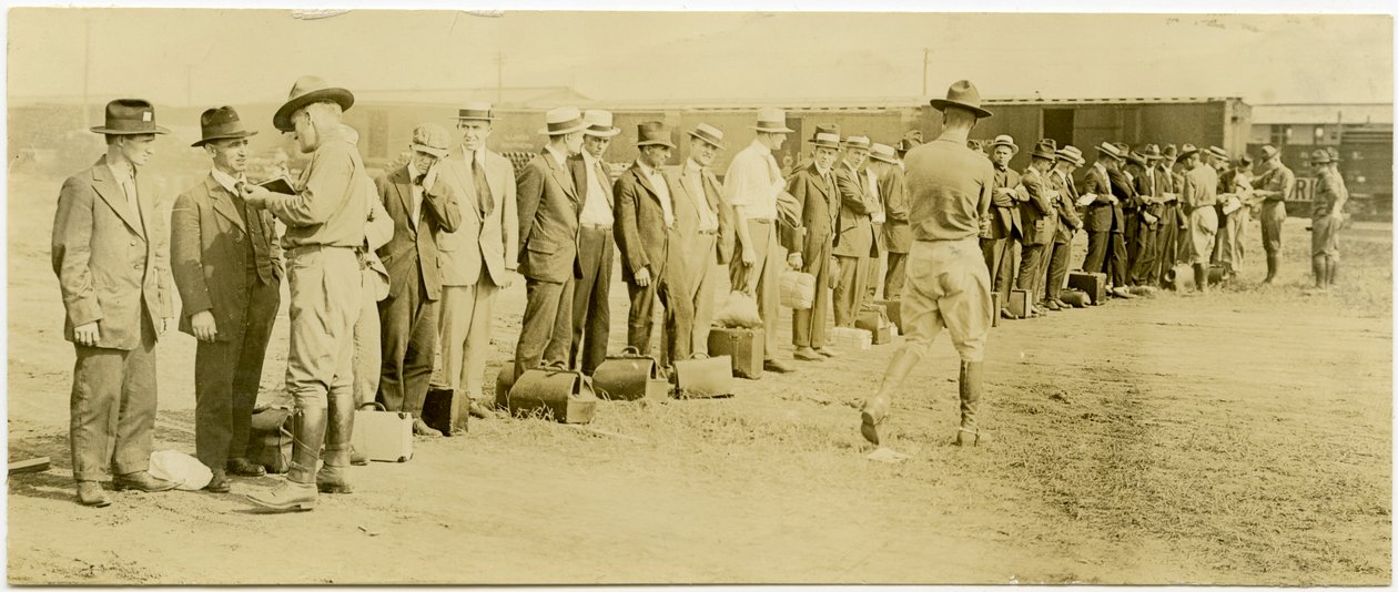 Group of Men in Civilian Clothing with Luggage and Uniformed Soldiers by Carl Michel