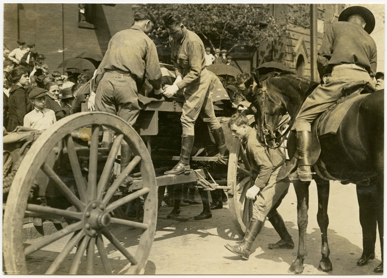 Men Unloading an Object Draped in the American Flag, Possibly a Coffin by Carl Michel