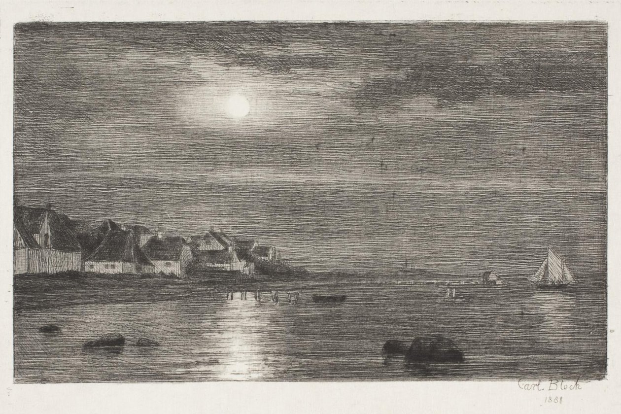 Beach Scene at Hellebæk. Moonlight by Carl Bloch