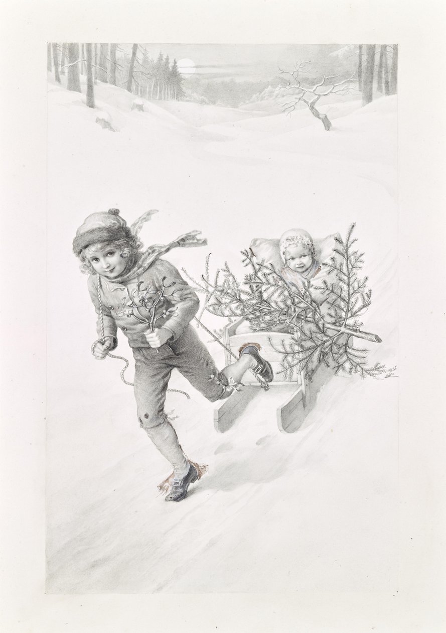 Two Children Riding through Winter Landscape by Carl Fröschl