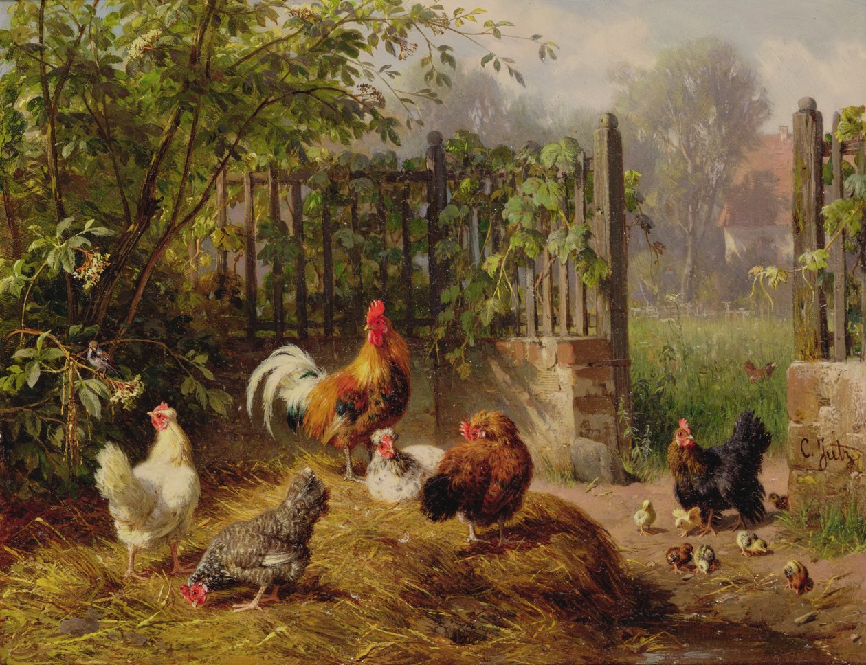Rooster with Hens and Chicks by Carl Jutz