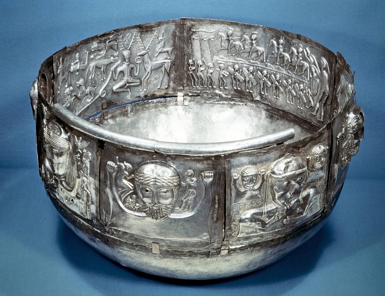 Gundestrup Cauldron (bowl), Celtic ritual vessel of 1st century BC. Inside on right is Cernunnos, King of the animals. Silver partially gilded. Danish National Museum, Copenhagen by Celtic