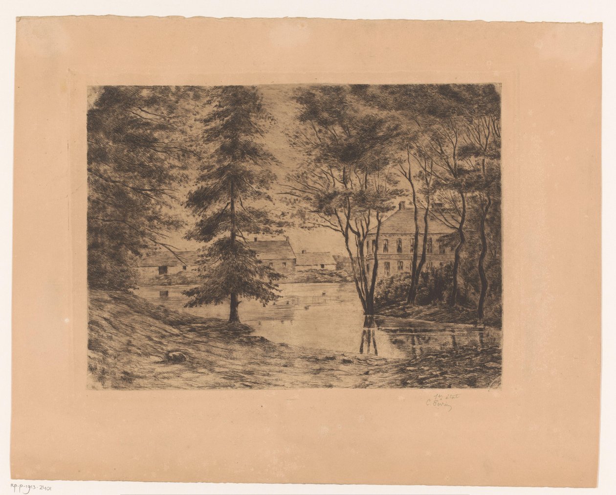View of Ghlin Castle by Ch. Perrin (signed by artist)