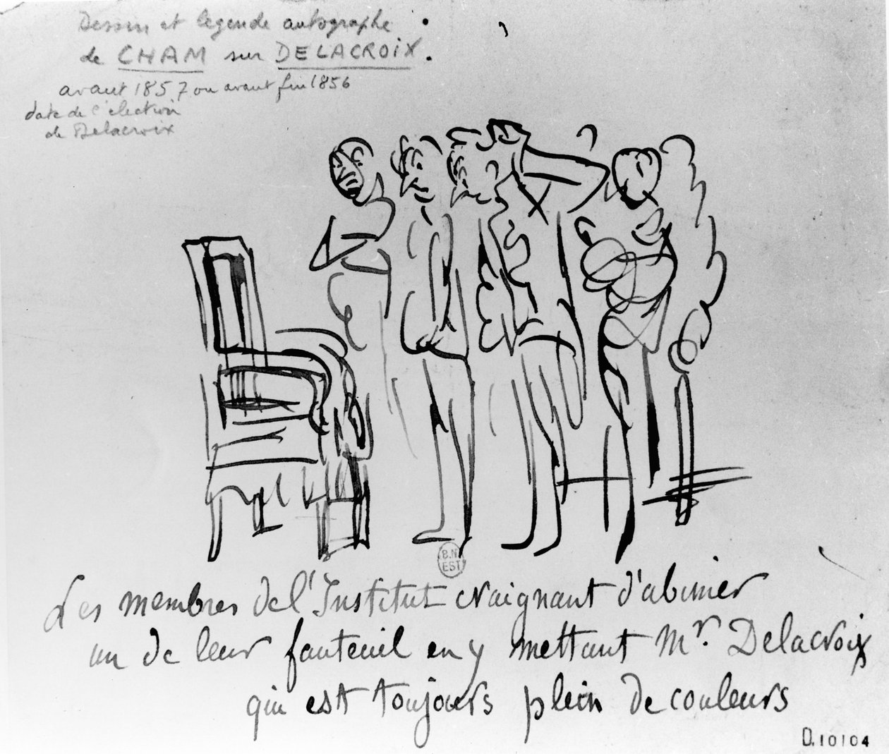 Reluctance of the Members of the Institut de France to Install Delacroix on One of Their Chairs for Fear His Love of Colours Will Stain the Seat, 1856-7 by Cham