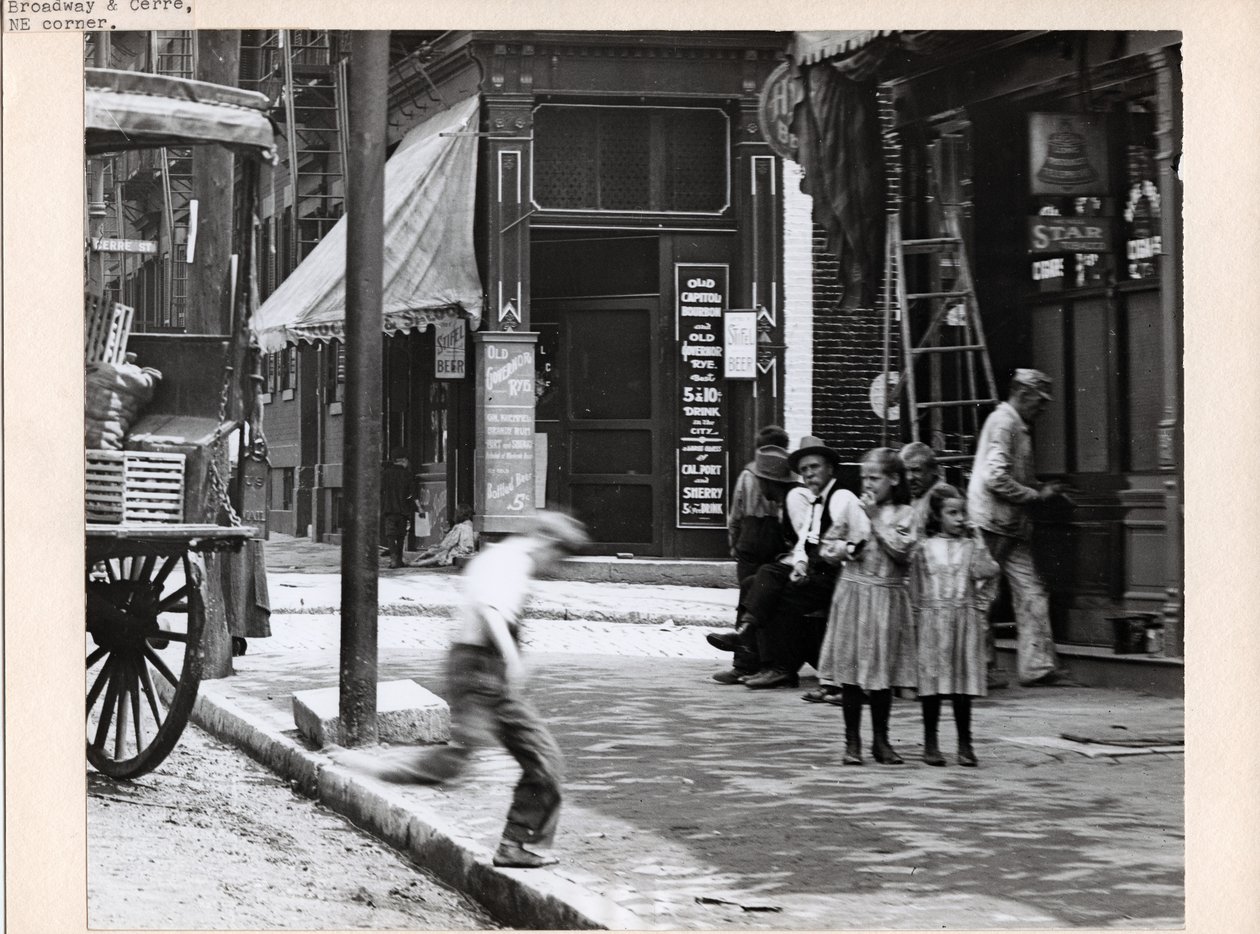 A Boy Runs onto the Sidewalk Near Two Girls at the Corner of Broadway and Cerre by Charles Clement Holt