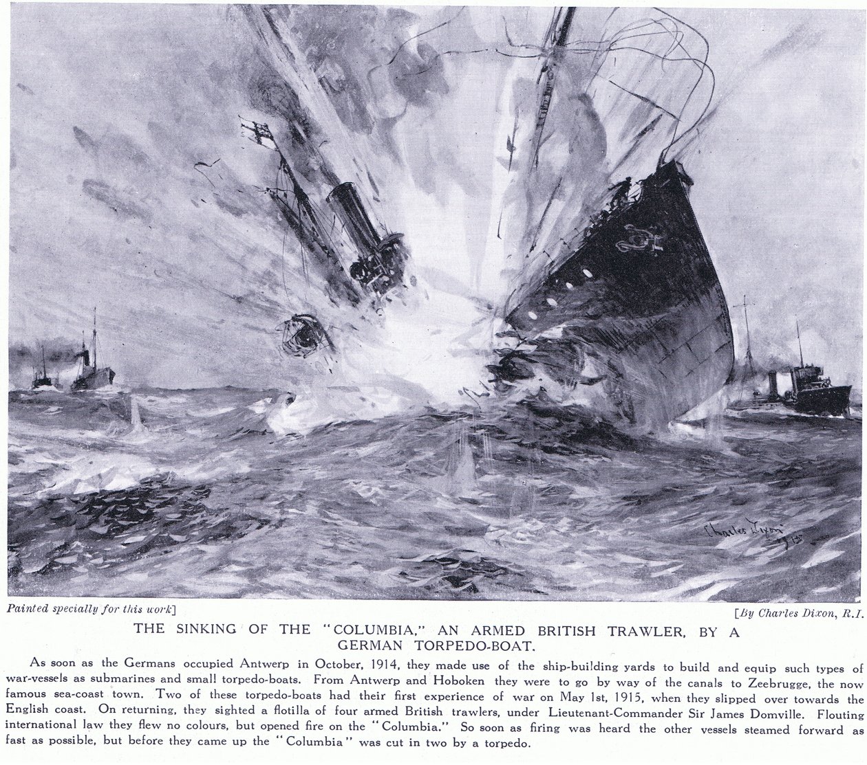 The sinking of the Columbia an armed British trawler by a German torpedo boat on English coastline October 1914 by Charles Edward Dixon