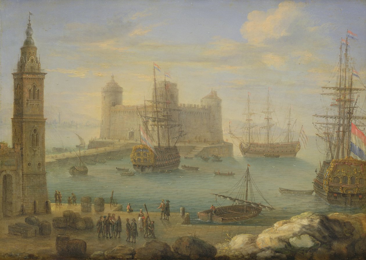 A Mediterranean port with men o