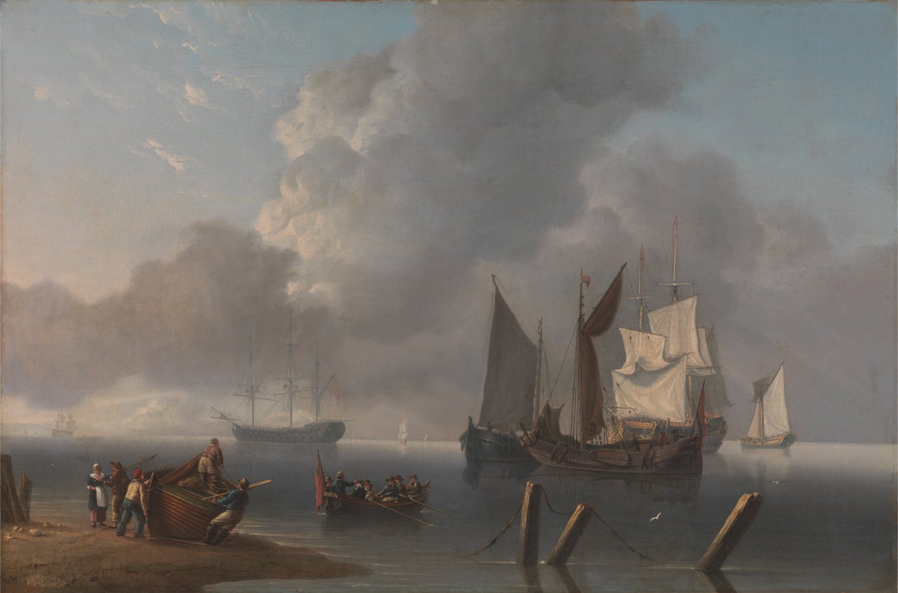 Warships Lying Offshore, the Commanding Admiral Being Rowed out to Join the Flagship, Her Sails Illuminated by Charles Martin Powell