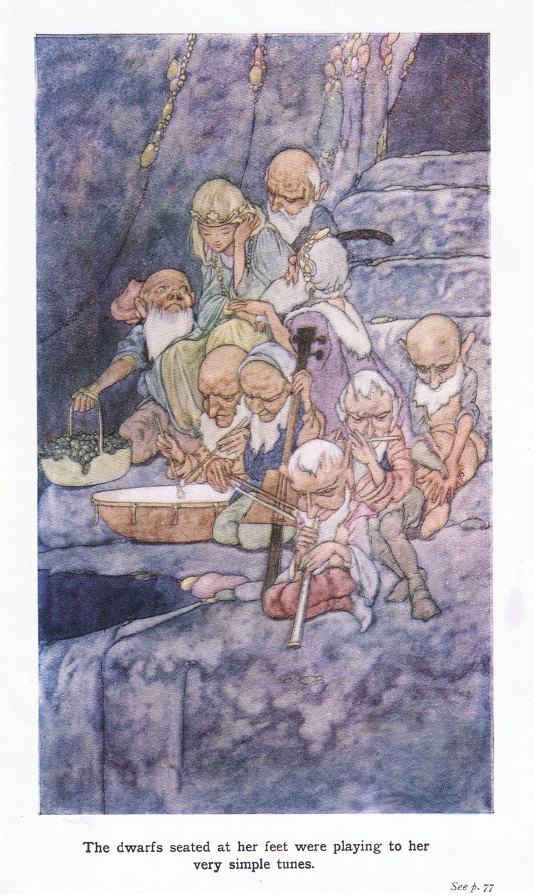 The dwarfs seated at her feet were playing to her very simple tunes by Charles Robinson