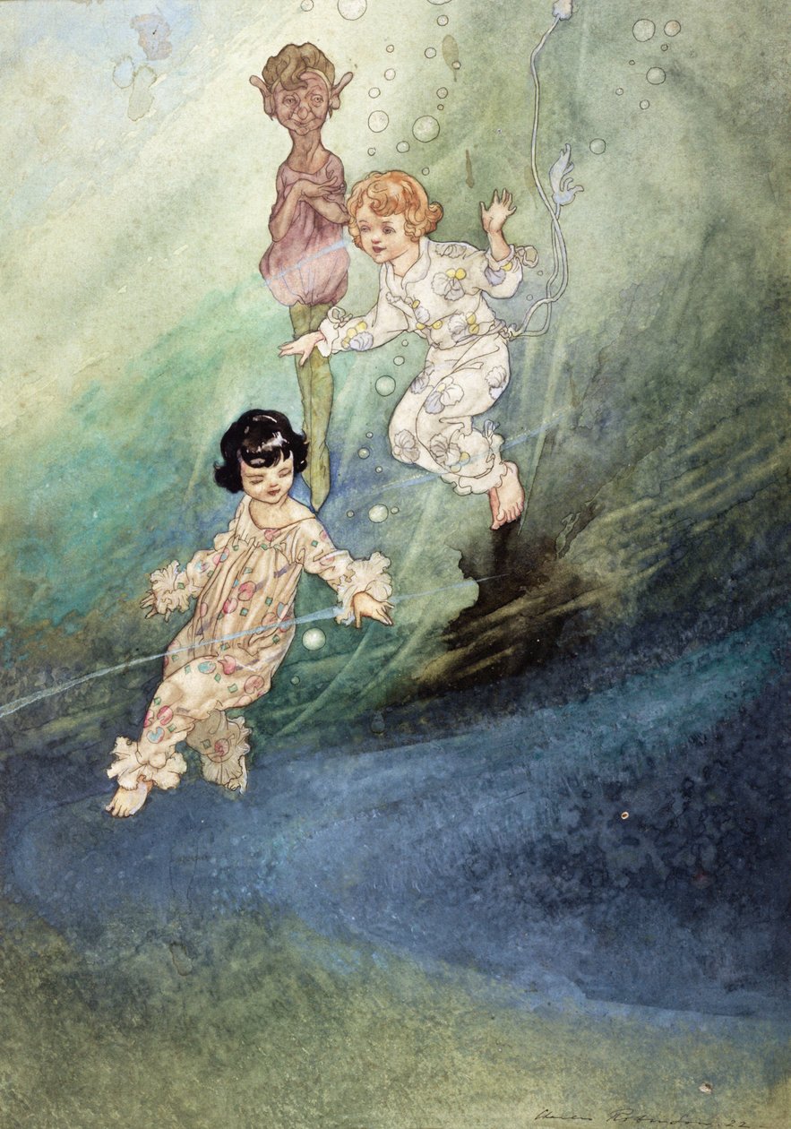 Untitled Watercolour, Children Underwater with an Elf by Charles Robinson