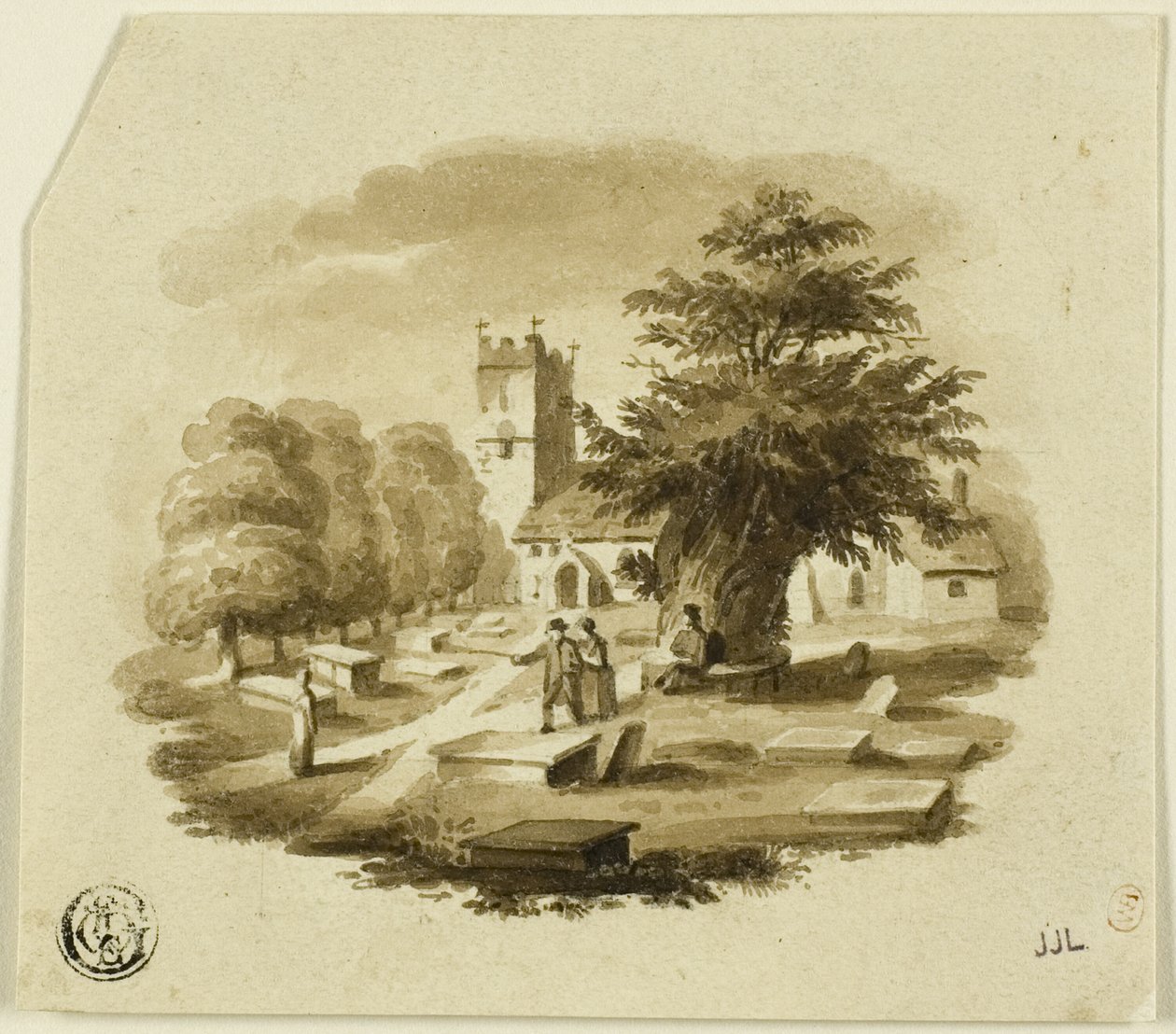 Figures in Cemetery Near Church by Charles Alfred Stothard
