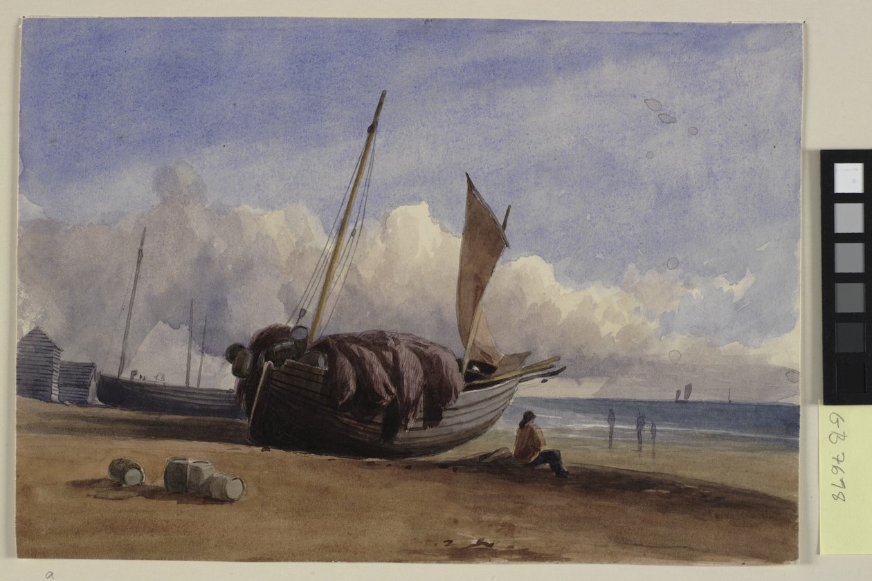 Beached Fishing Boat with Seated Fisherman by Charles Bentley