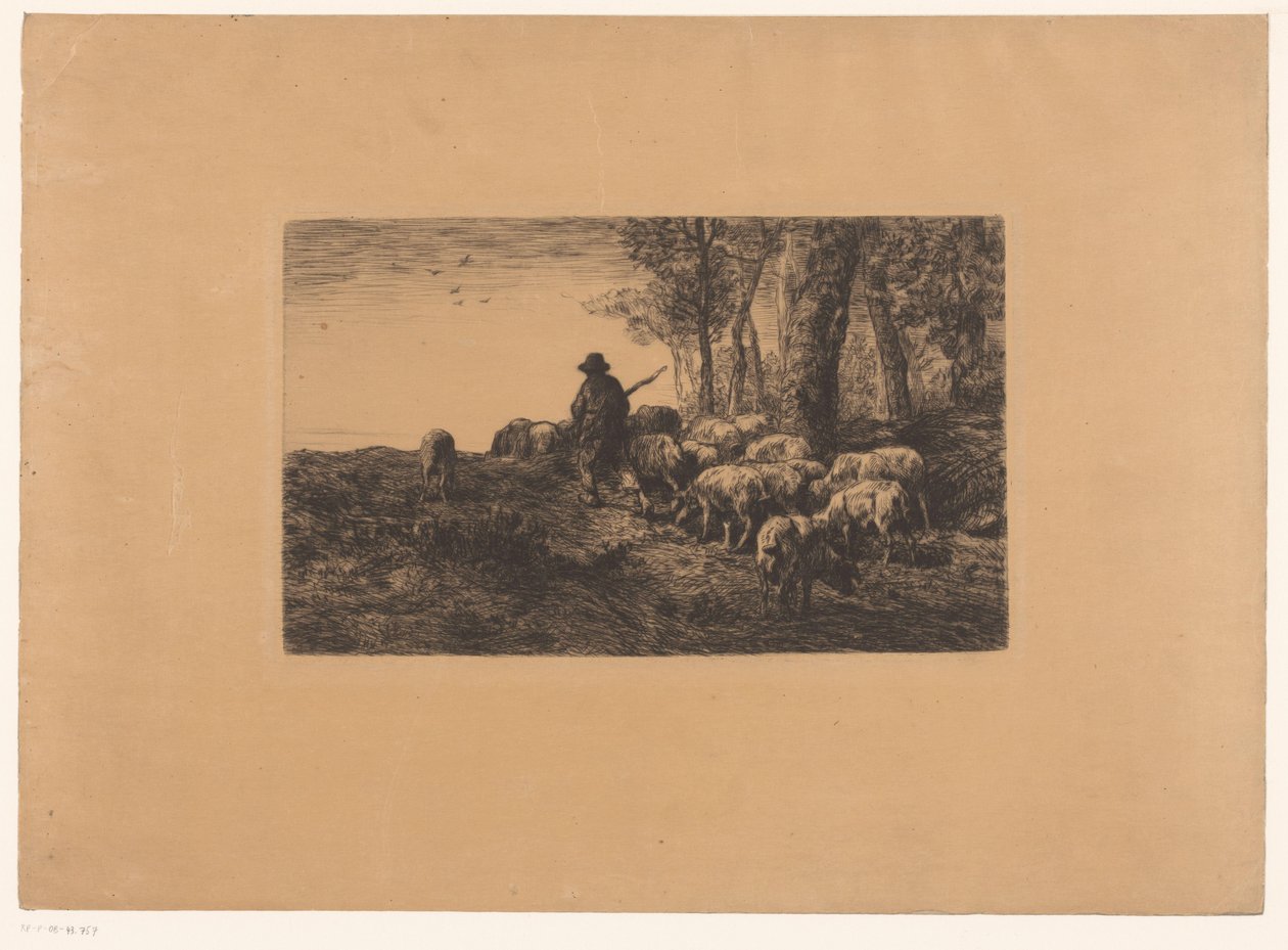 Shepherd with Group of Pigs by Charles Emile Jacque (attributed to)
