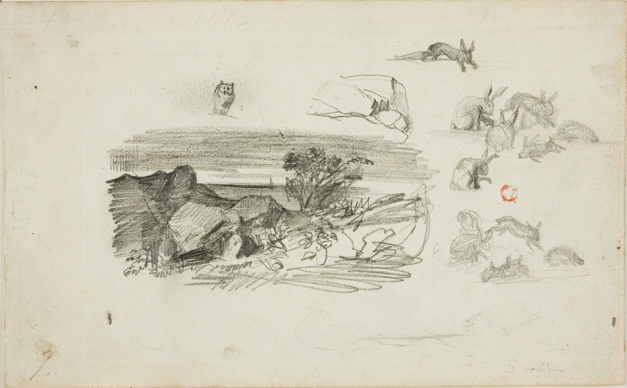Sketches: Rocky Setting and Rabbits by Charles Francois Daubigny