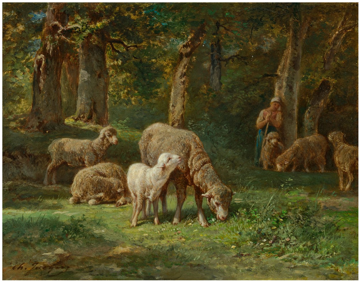 Shepherdess Tending Her Flock by Charles Jacque