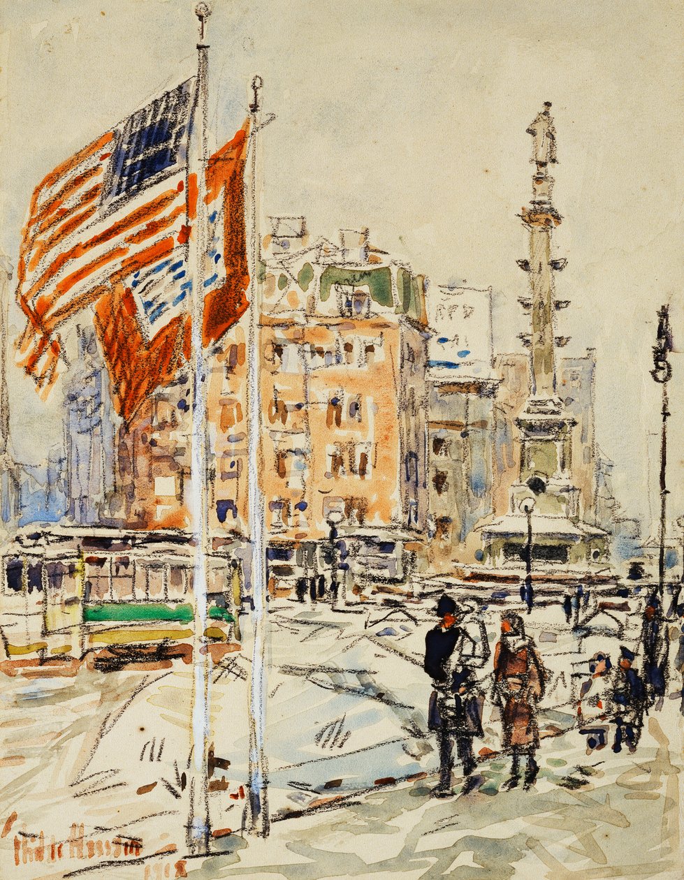 Flags, Columbus Circle by Childe Frederick Hassam