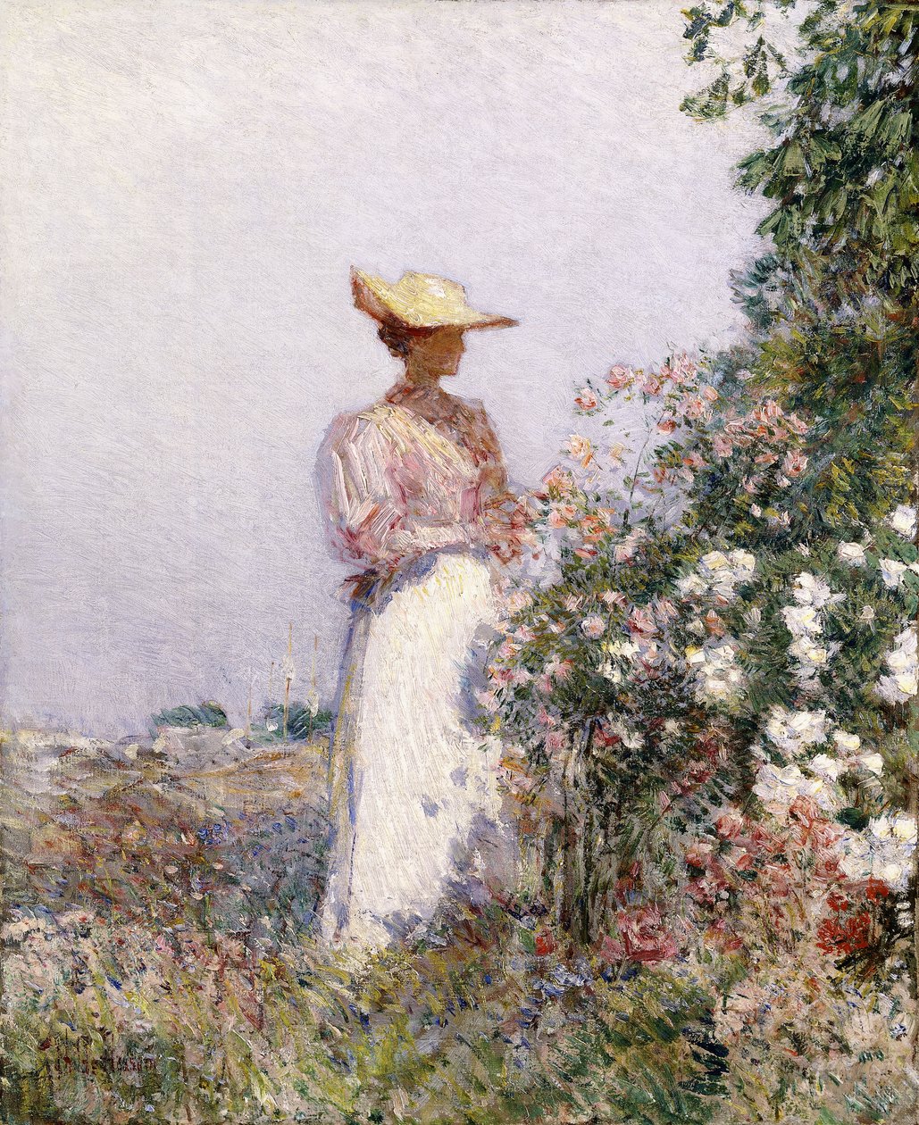 Lady in Flower Garden by Childe Frederick Hassam
