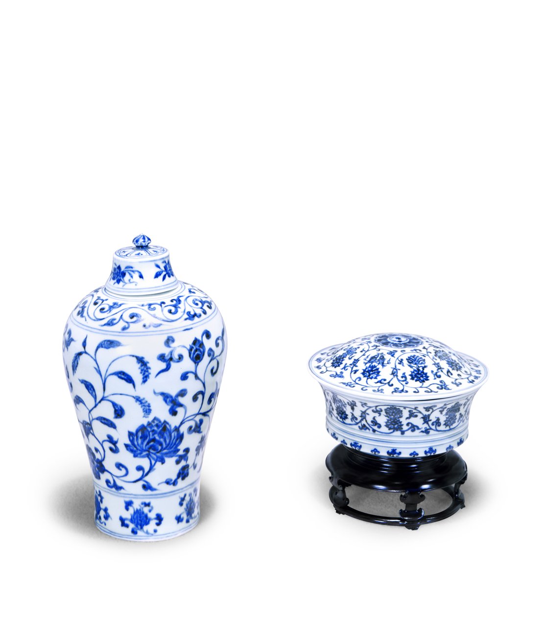 Blue and White Covered Bowl, Decorated with Lotus Scrolls and 8 Buddhist Emblems, Bearing Mark of Yuande; Blue and White Meiping with Cover, Decorated with Lotus and Water Plants, Yung-lo Period by Chinese School