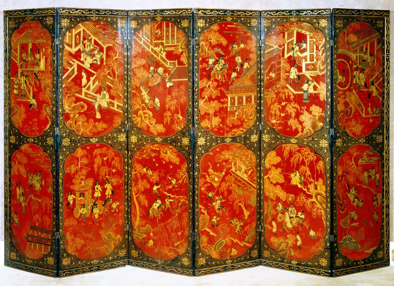 Six-Fold Screen Depicting European Figures in Panels of Red with Black Borders, c.1720 by Chinese School