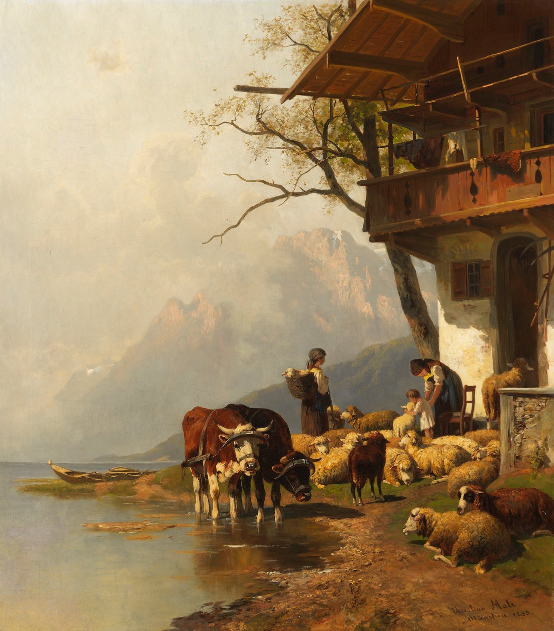Resting Flock of Sheep in Front of the House by the Mountain Lake by Christian Mali