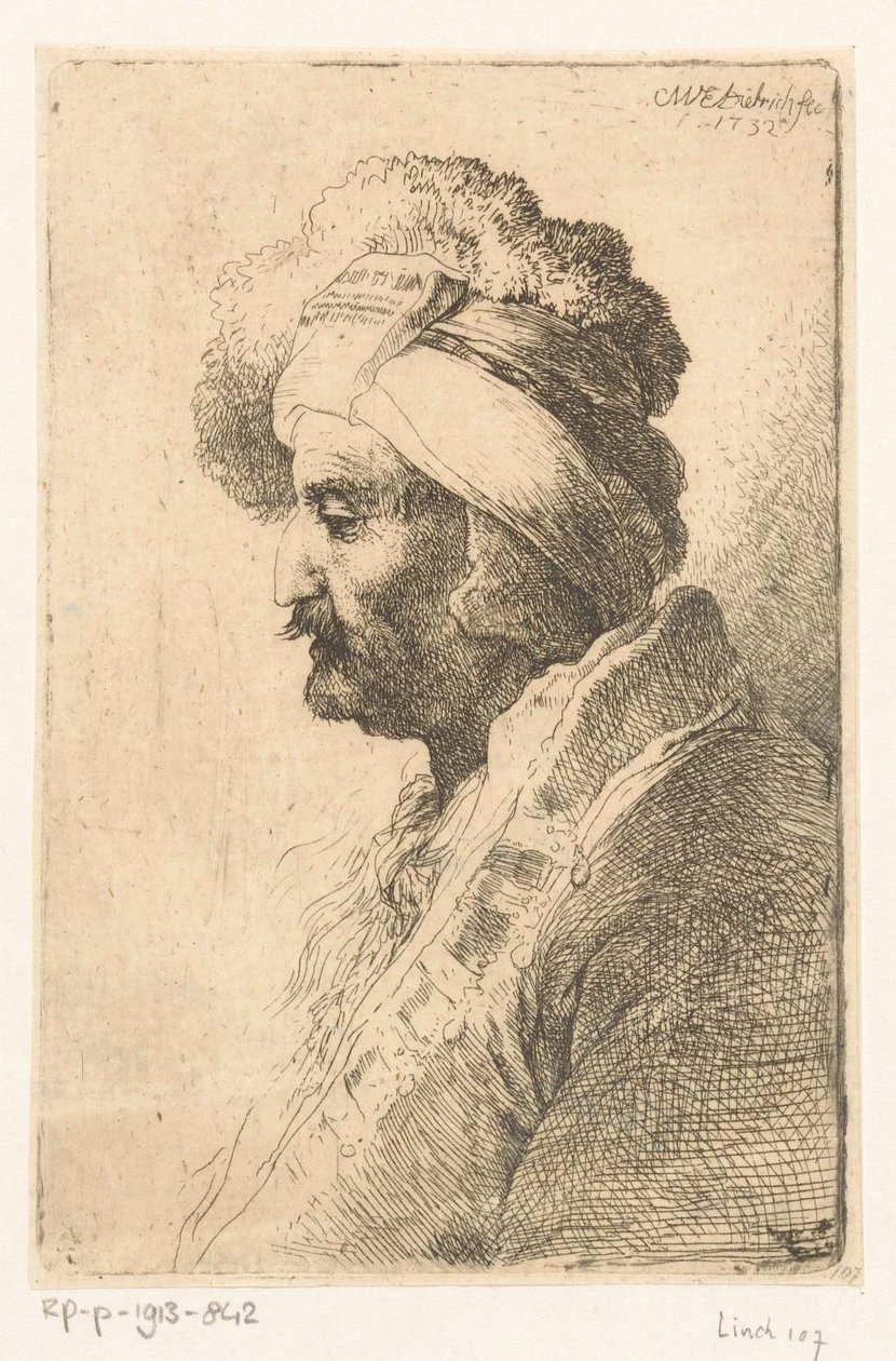 Man looking down with fur hat by Christian Wilhelm Ernst Dietrich