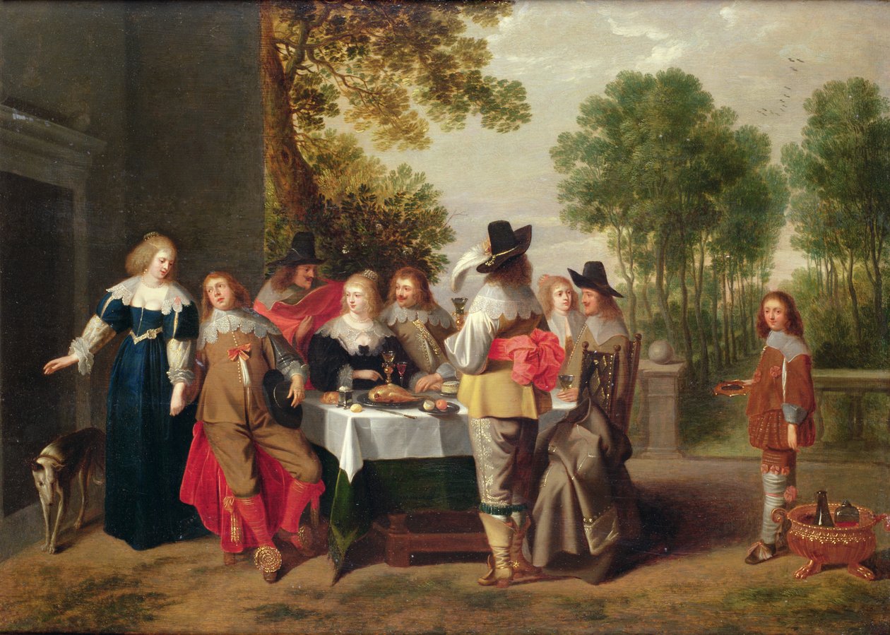 Elegant Company seated at a Table in a Formal Garden by Christoffel Jacobsz van der Lamen