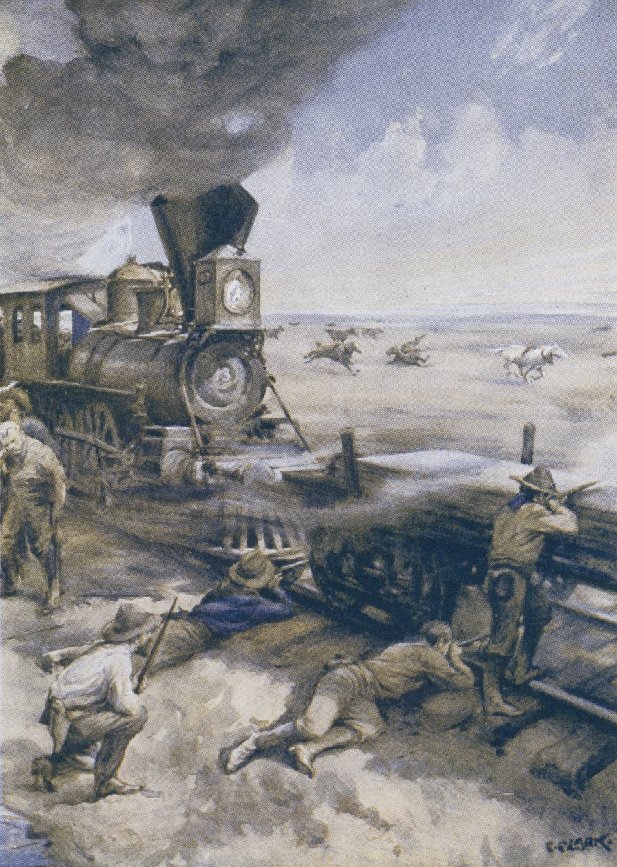 A Train Crossing the Prairies Attacked by American Indians by Christopher Clark