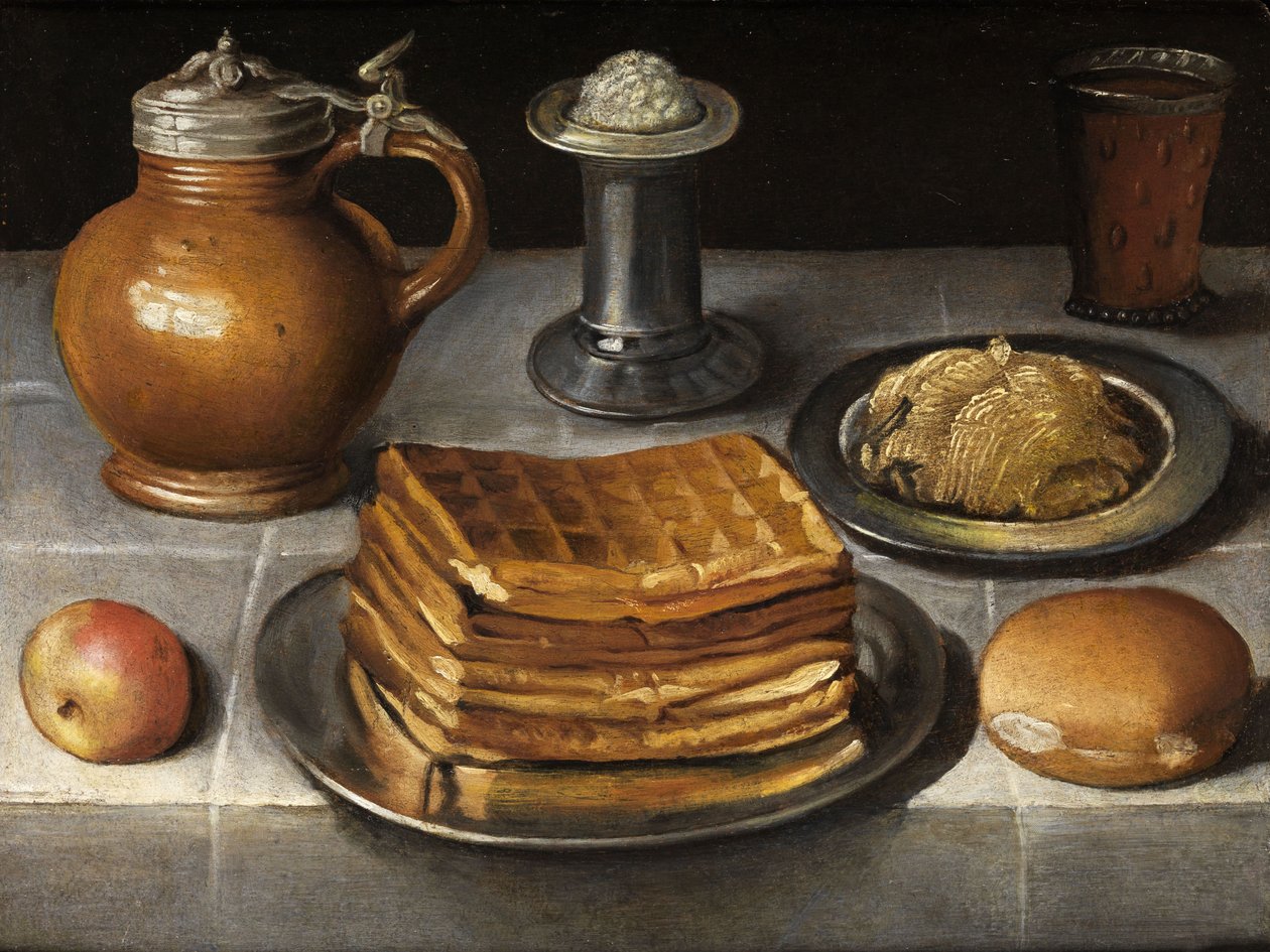 Still Life with Pewter Plates, Stone Jug, and Waffles by Circle of Georg Flegel