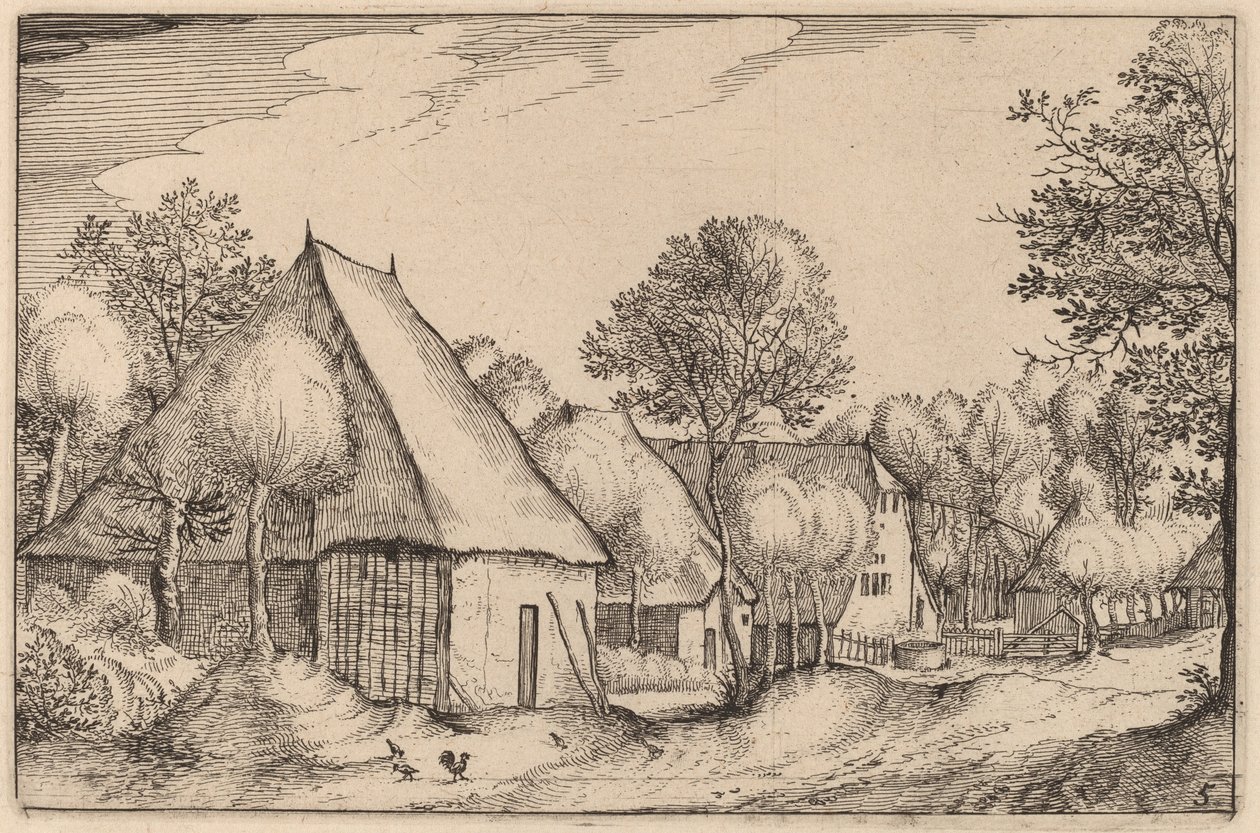 A Farmyard by Claes Jansz Visscher after Johannes van Doetechum, the Elder after Lucas