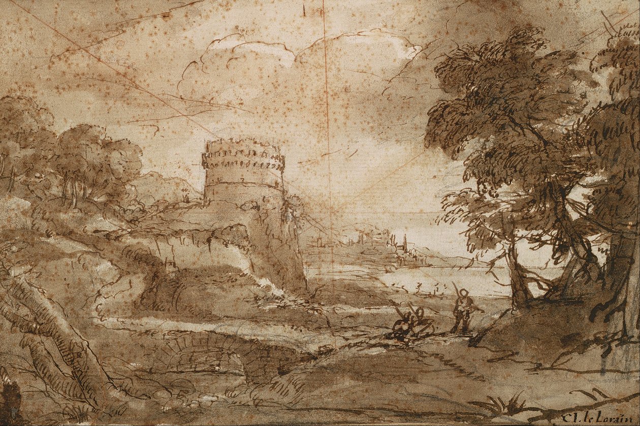 Landscape with Round Tower and Bay by Claude Lorrain