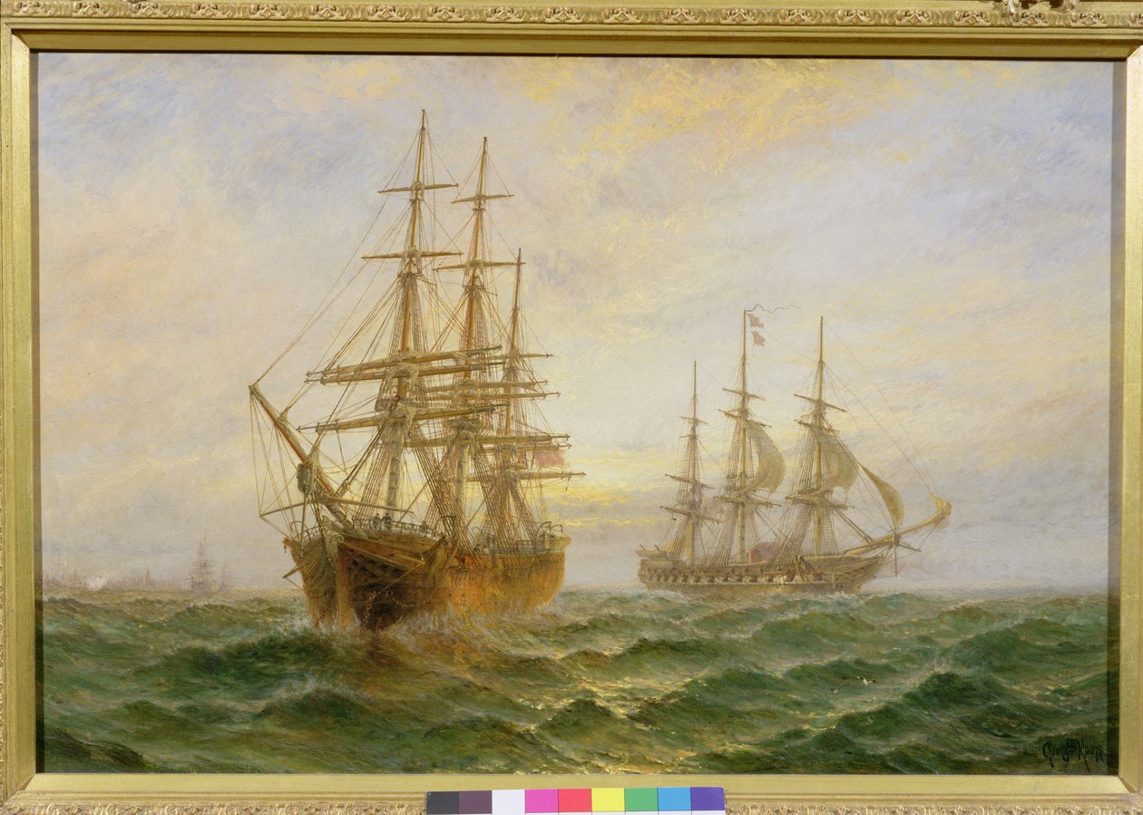 Two Ships Passing at Sunset by Claude T. Stanfield Moore