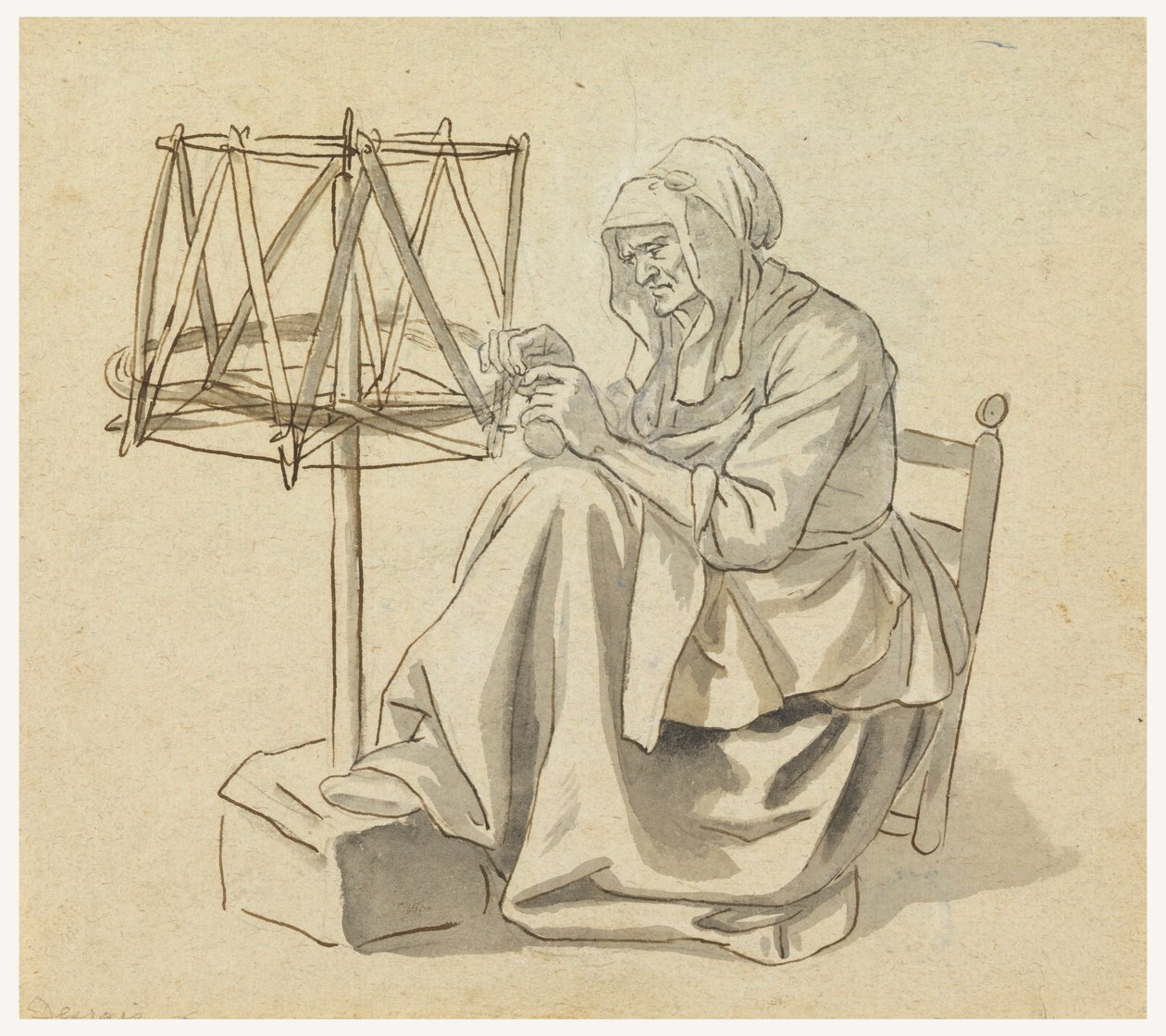 An Old Woman Spinning by Claude Louis Desrais
