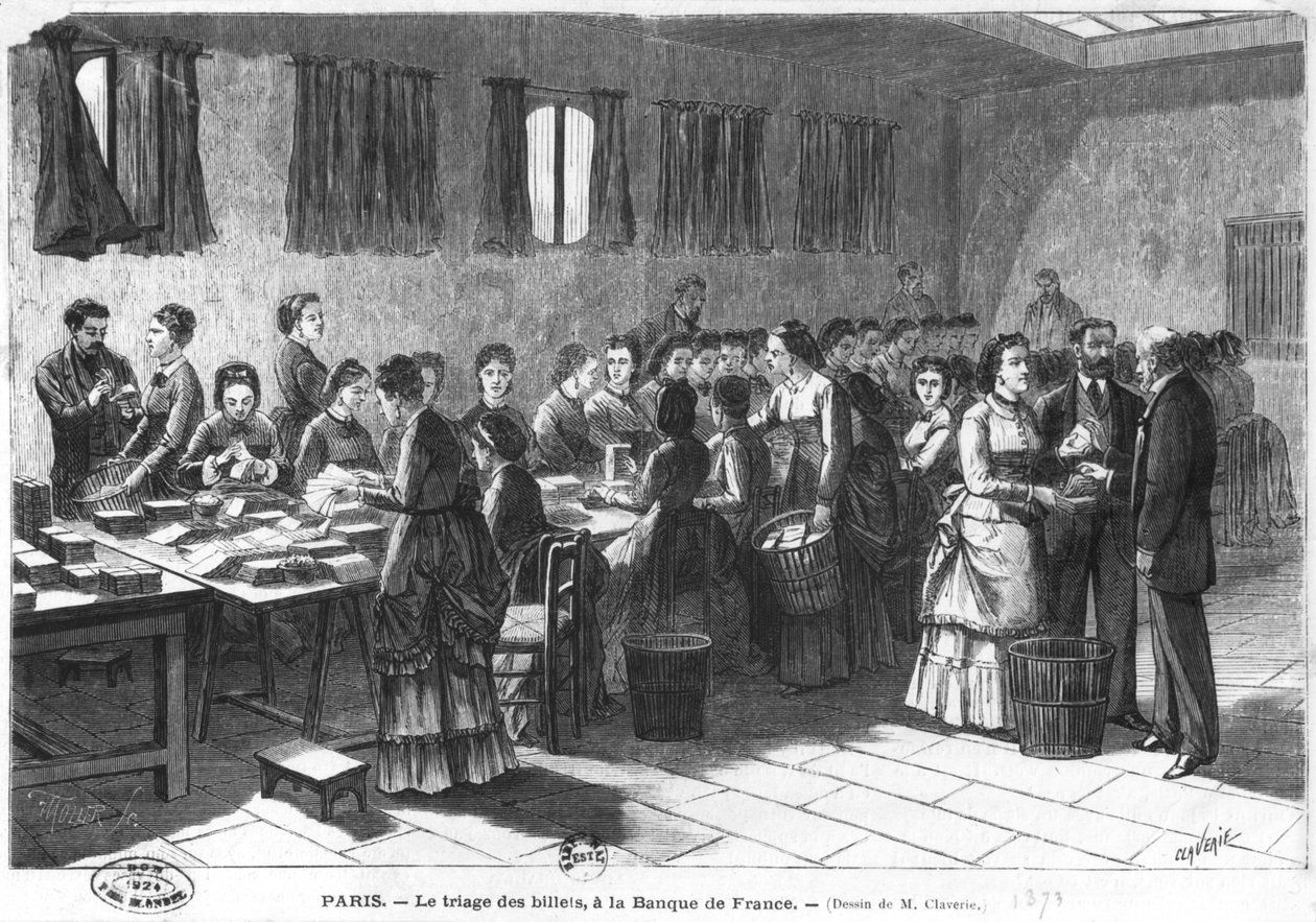 Sorting out the Banknotes at the Paris Bank of France, engraved by F. Mollet (19th century) 1897 by Claverie