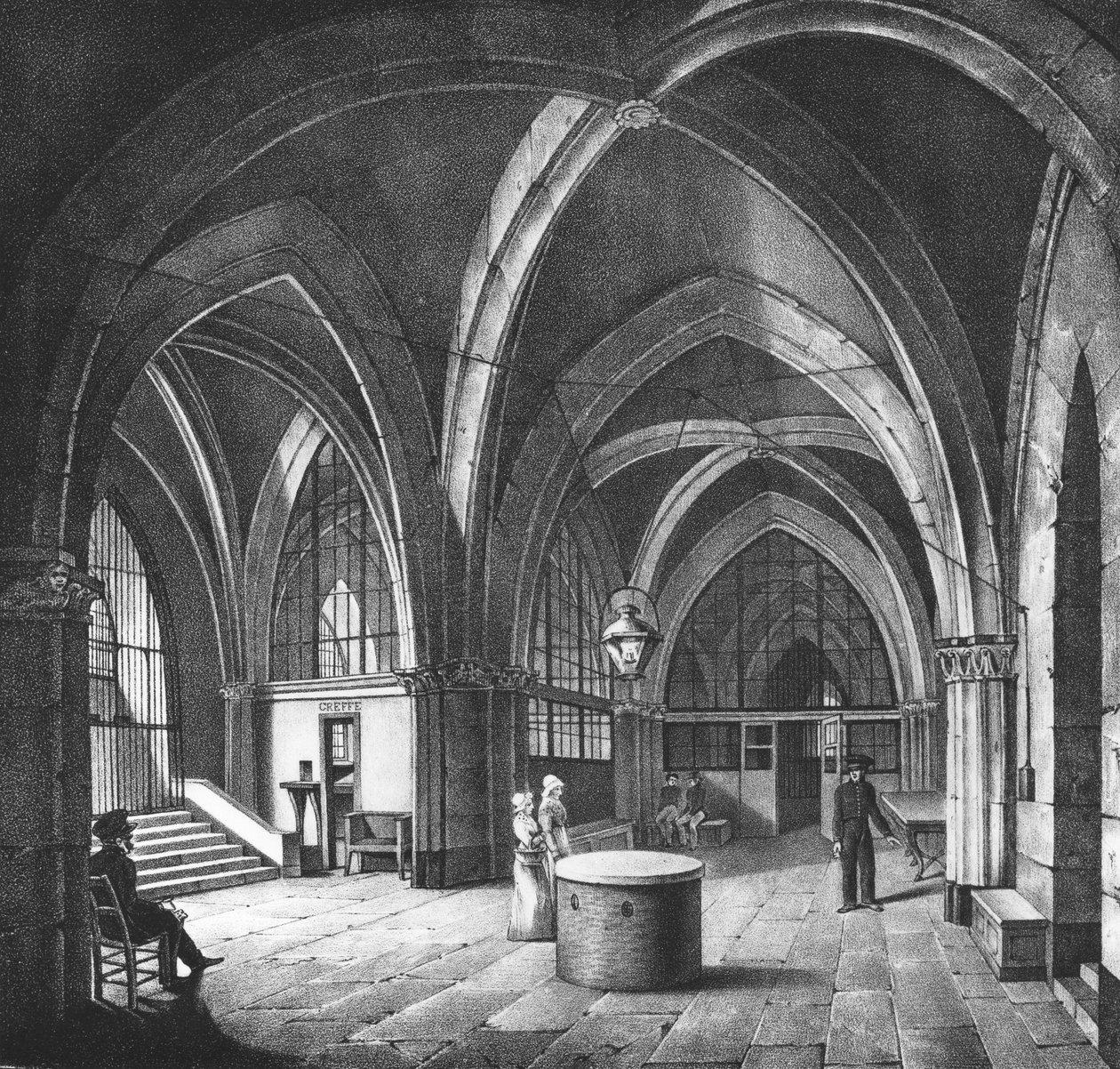 Interior view of the entrance room at the Conciergerie Prison, engraved by Alphonse Urruty by Collard