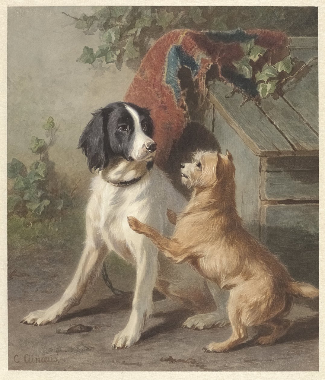 Two Dogs by a Kennel by Conradijn Cunaeus