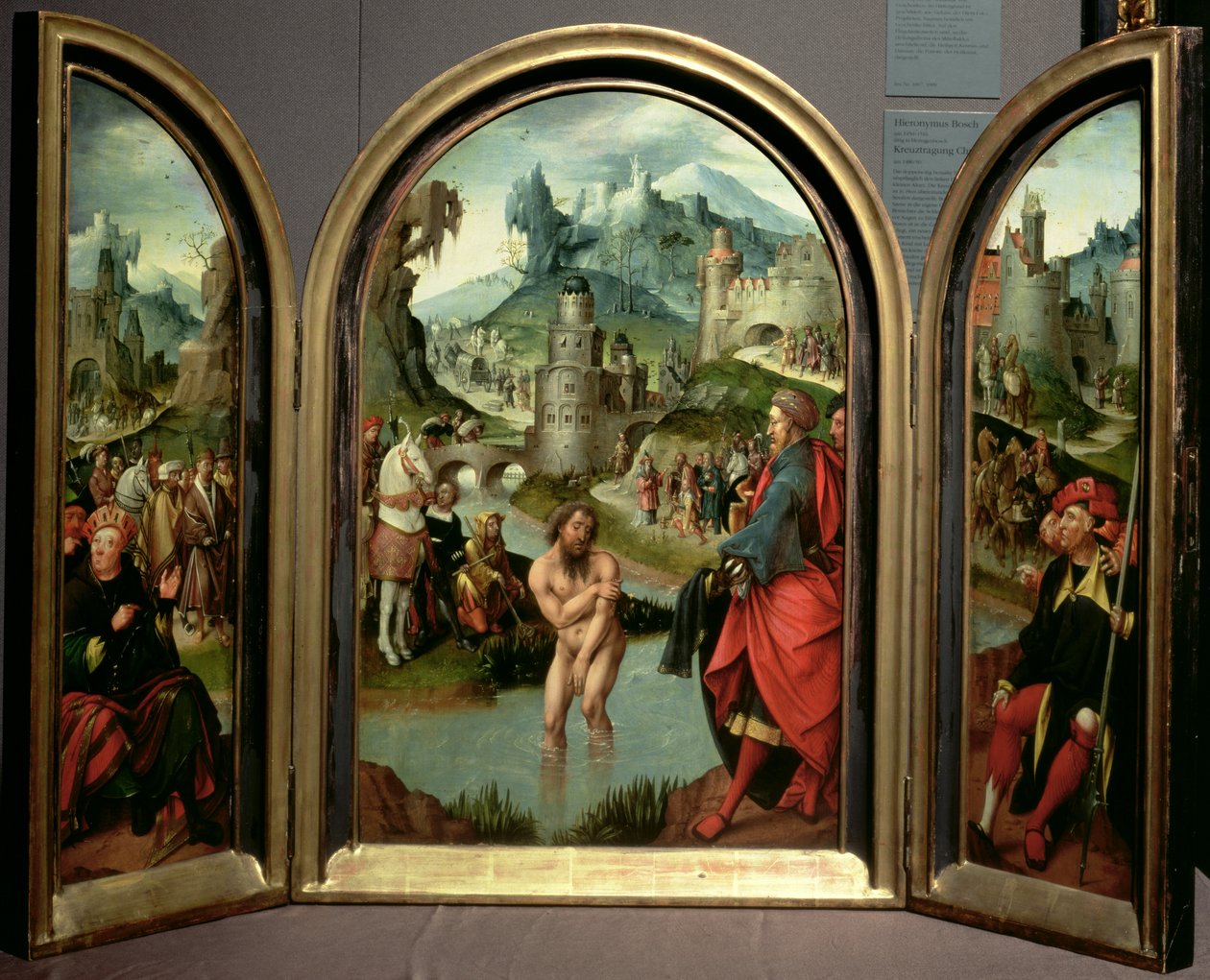 Triptych of the Cleansing of Naaman: the Centre Panel Depicts Naaman, Commander of the Syrian Army, Washing in the River Jordan to Cure His Leprosy at the Command of the Prophet Elisha by Cornelis Engebrechtsz