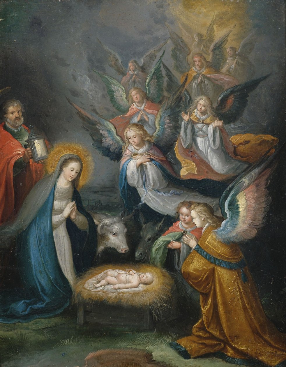 The Holy Family with Angels Adoring the Child by Cornelis de Baellieur