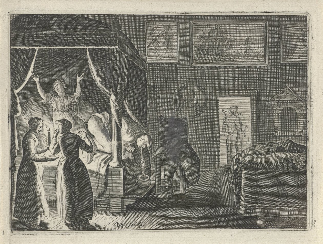 Vomiting man in bed by Crispijn van den Queborn